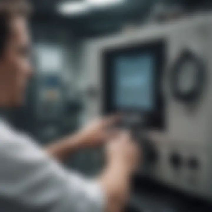 Close-up of a technician monitoring autoclave parameters on a digital interface.