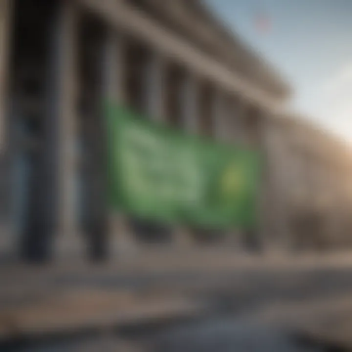 Legislative building with banners promoting the Green New Deal