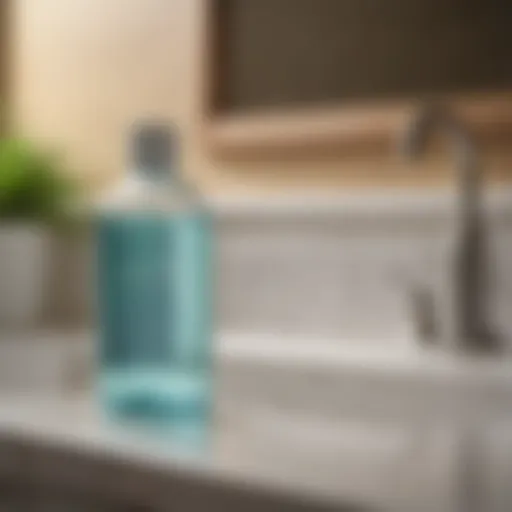 A bottle of sorbitol-free mouthwash on a bathroom counter.