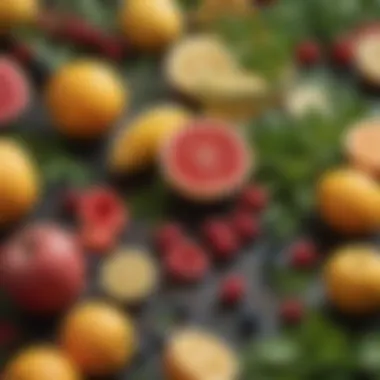 A close-up shot of fresh fruits and herbs used in non-citric acid drink recipes.