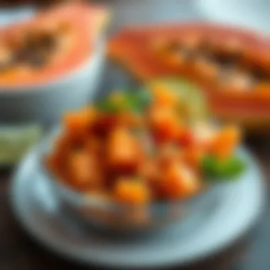 Fresh Papaya Salad with Mint and Lime A bowl of fresh papaya salad garnished with mint and lime