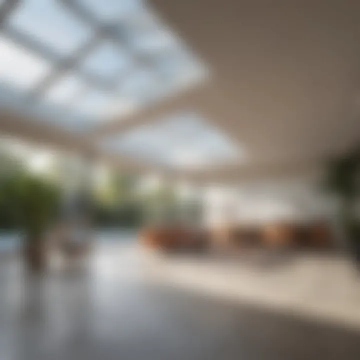 Interior view of a space illuminated by natural light from a glazing roof
