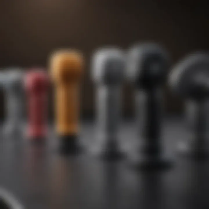 An illustration of various grip strength testing devices lined up, showing diversity in designs.