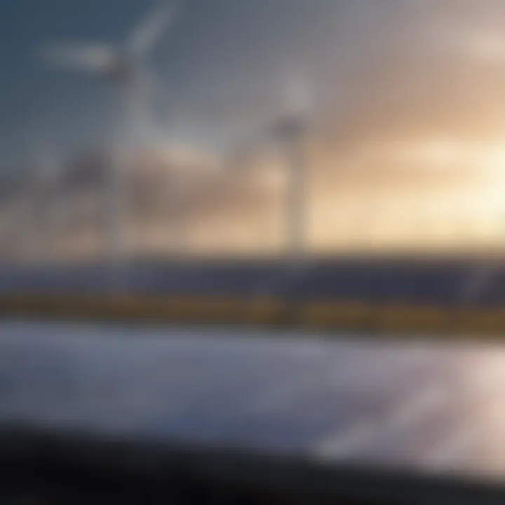 Close-up of renewable energy sources such as solar panels and wind turbines