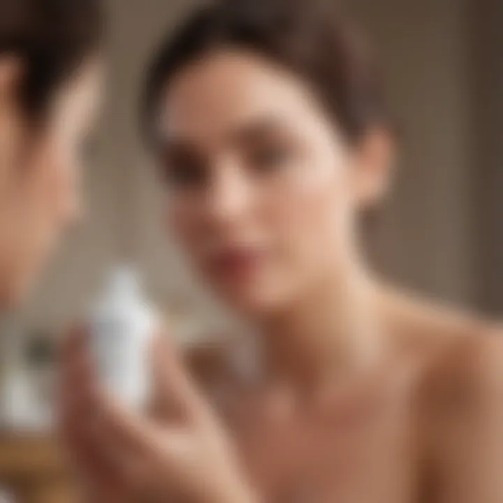 A serene image of a pregnant woman applying skin care products with a focus on healthy skin