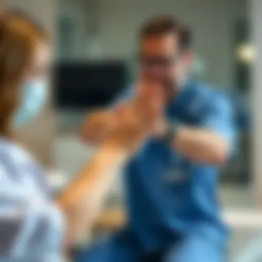 A physical therapist assisting a patient with wrist exercises