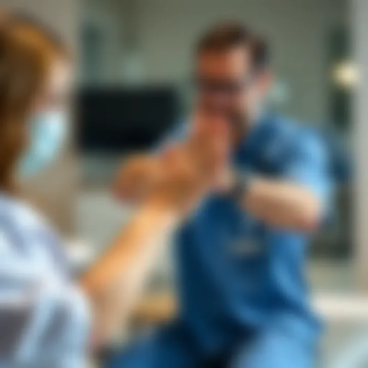 A physical therapist assisting a patient with wrist exercises