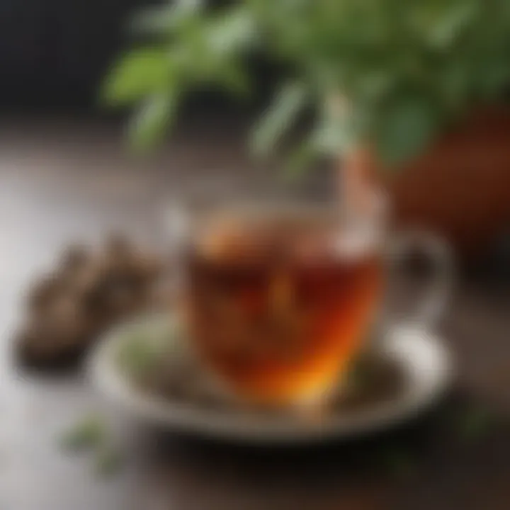 A steaming cup of sassafras herbal tea with herbs beside it