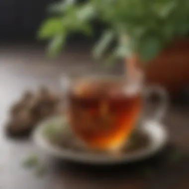 A Cup of Sassafras Herbal Tea A steaming cup of sassafras herbal tea with herbs beside it