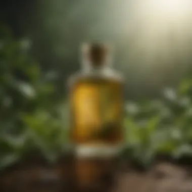 An elegant tea oil bottle placed among fresh tea leaves, emphasizing its origin.