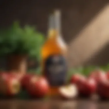 Apple Cider Vinegar and Its Natural Ingredients A bottle of apple cider vinegar surrounded by fresh apples and herbs