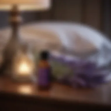 A bottle of lavender essential oil on a nightstand