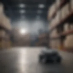 An autonomous mobile robot navigating through a warehouse environment