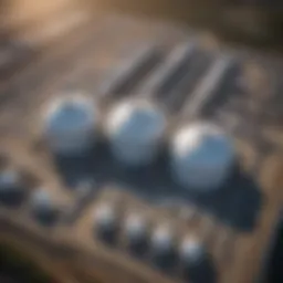 Aerial view of a liquefied natural gas facility showcasing storage tanks and pipelines