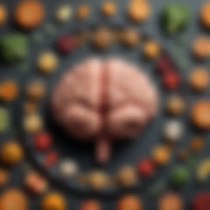 An abstract representation of mental health, featuring a brain surrounded by food icons.