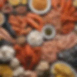 A close-up view of various seafood products, highlighting potential allergens.