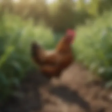 Chickens foraging among lush green cover crops