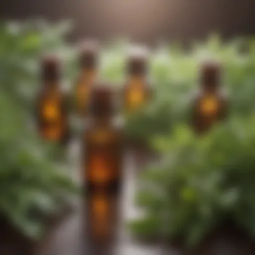 A close-up view of essential oil bottles surrounded by fresh herbs.