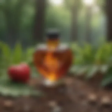 Nature and Heart Health Connection A serene setting with essential oils next to a heart symbol created with leaves.
